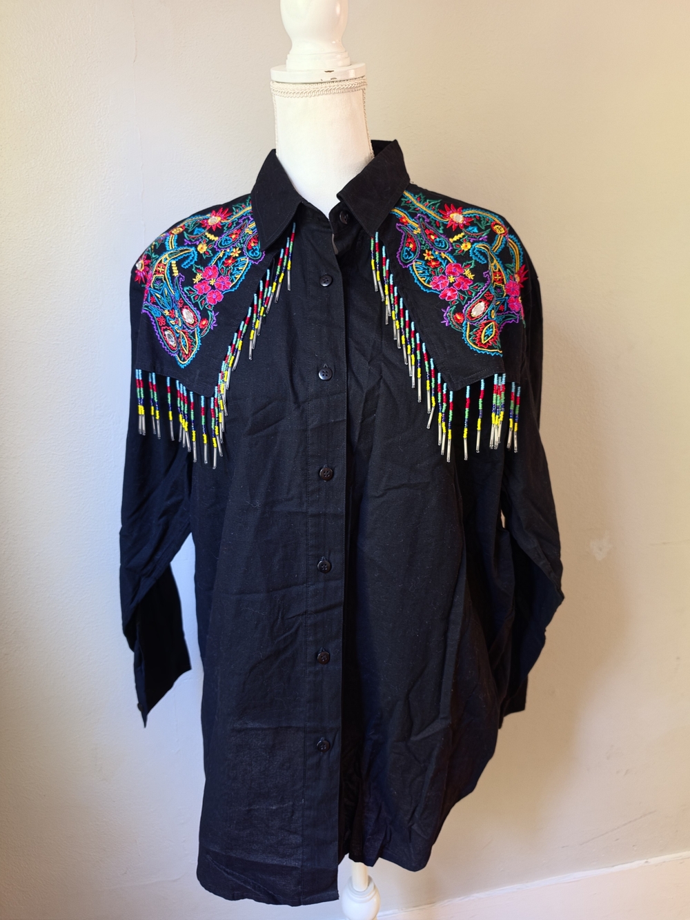 Black Embroidered Western Shirt with Colorful Bead Fringe